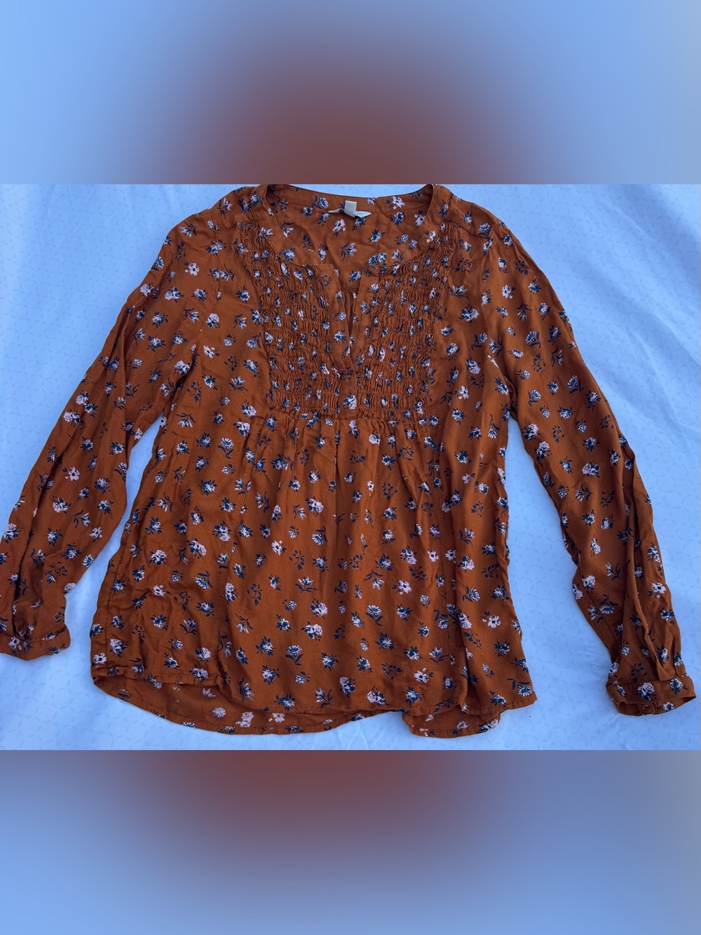 Lucky Brand Rust Floral Smocked Peasant Blouse